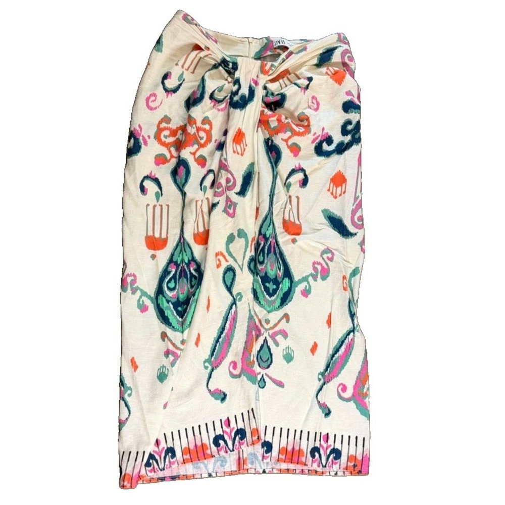 ZARA Women's M Ikat Print Midi Skirt Twist Front Slit Boho Colorful Morocco
